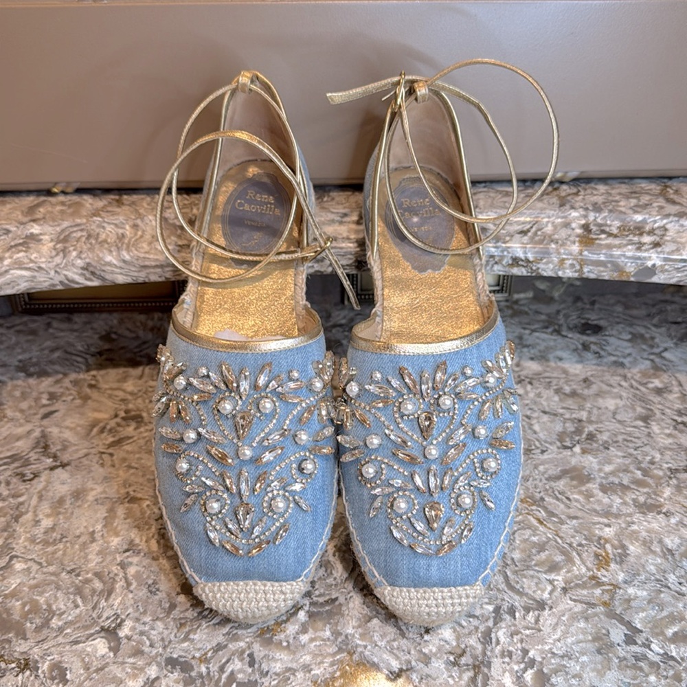 Rene Caovilla
Crystal-Embellished Denim Espadrille Flat